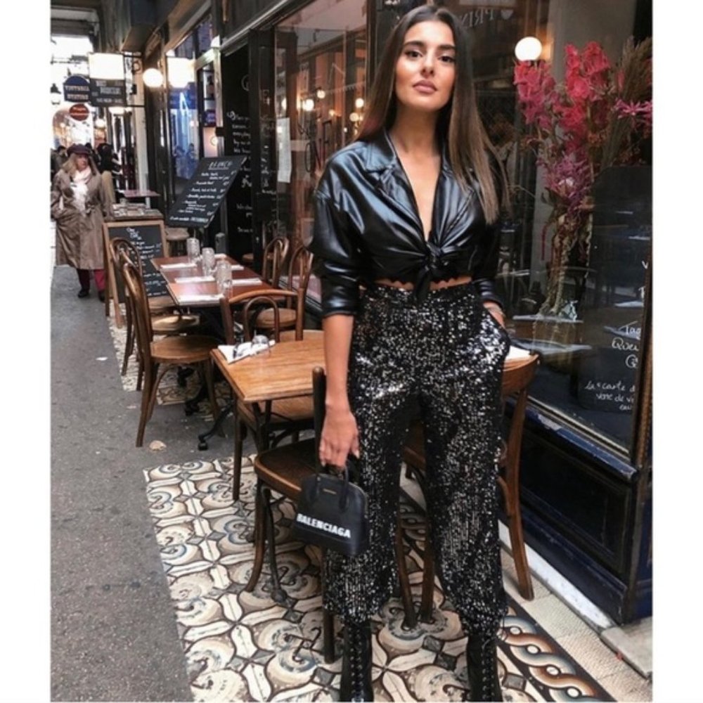 Zara Black Cropped Sequin Pants Sz Small NWOT